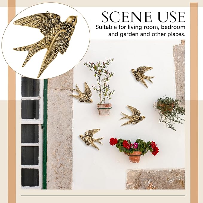 4 Pcs Vintage Bird Wall Sculpture Decor Art 4.7 Inch Antique 3D Sculpted Hanging Bird Resin Wall Art Golden Brass Floating Ornament for Living Room Garden Outdoor, Gifts for Couples Housewarming