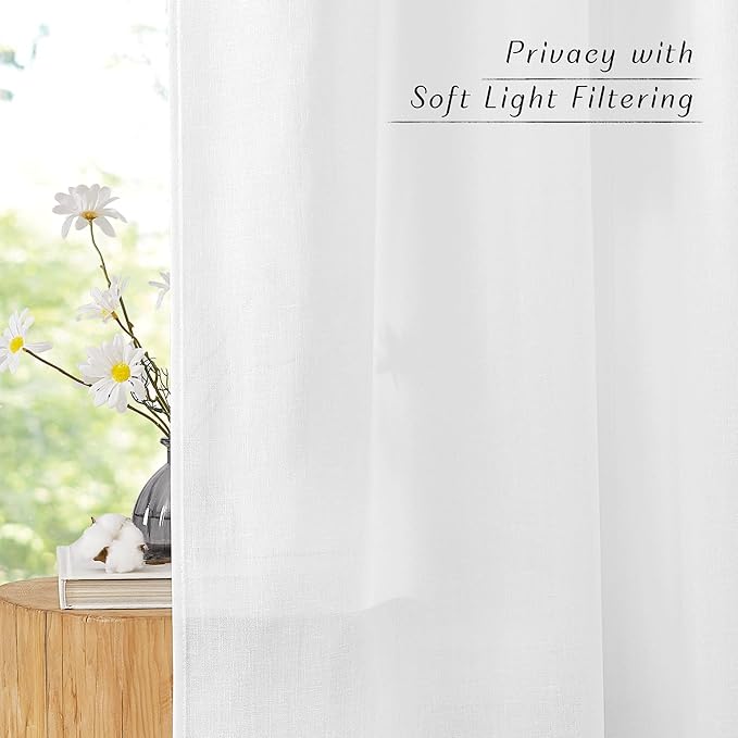 NICETOWN Rustic Linen 144 inch Long Curtains for Living Room, Grommet Privacy Added Thick Linen Weave with Light Filter Window Curtains & Drapes for Bedroom, White, W55 x L144, 2 Panels