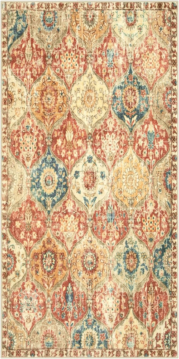 Lahome Kitchen Rugs Non Slip Washable Rugs for Entryway, 2x4 Rug Non-Slip Moroccan Trellis Ultra-Thin Indoor Door Mat Small Carpet for Bathroom Bedroom Entry Elise, Red/Orange