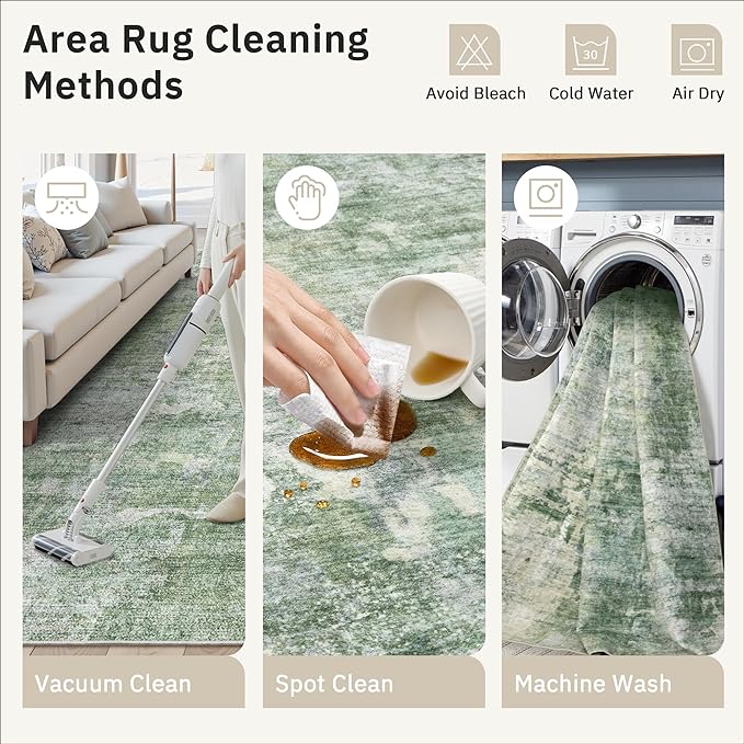 Soalmost 8x8 Green/Ivory Round Rug 8ft Living Room Circle Rug Vintage Round Area Rug Non Slip Indoor Carpet for Apartment