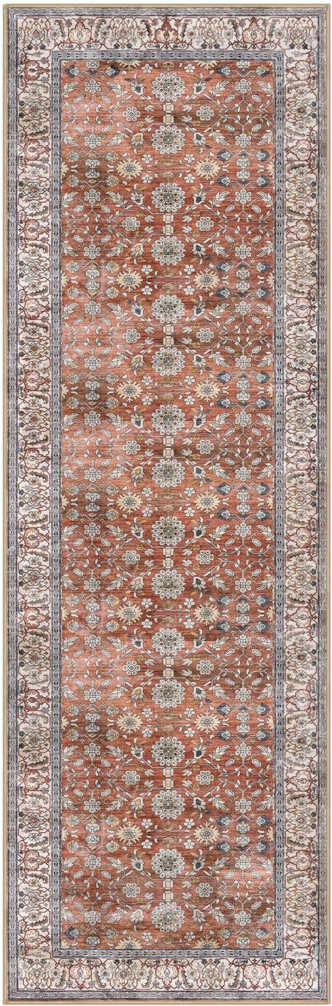 KUTA Vintage Washable Runner Rug, 2.6x8 Red Clay Runners for Hallways Non-Slip Kitchen Rugs Ultra Thin Soft Printed Distressed Oriental Floral Floor Carpet for Laundry Bedroom Living Room Nursery