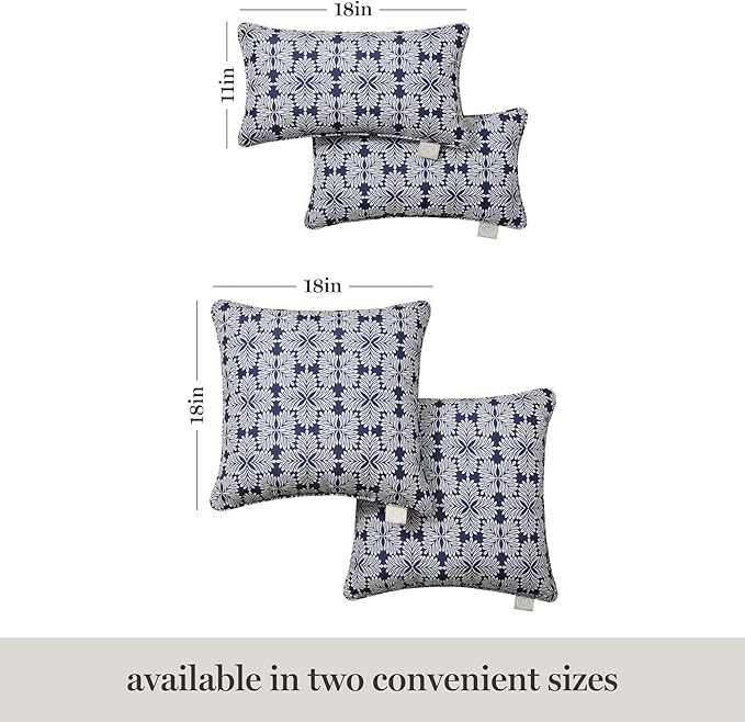 Martha Stewart Tulum Indoor Outdoor Decorative Pillow 2-Pack Set, UV Fade Resistant, Water Repellent, Printed Modern Design, Navy Blue, 18"x18"