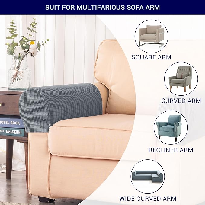 SUBRTEX Stretch Couch Arm Covers Set of 2, Checkered Sofa Arm Slipcovers, Anti-Slip Armrest Covers for Recliner and Armchairs, Pet Proof, High Stretchy, Hook & Loop Tape, Light Gray