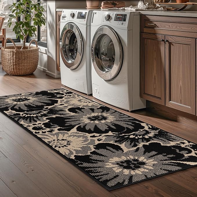 Findosom Hallway Runner Rug 2x5, Non Slip High-Low Textured Floral Washable Runner Rug with Rubber Backing, Boho Carpet Runner for Kitchen, Entryway, Bedroom, Laundry, Black & Beige