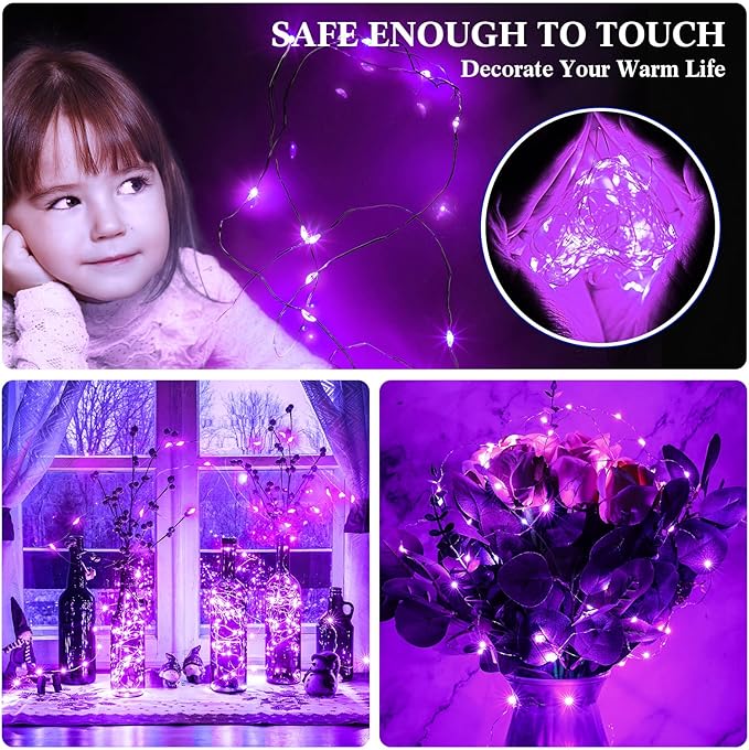 Hortsun 100 Packs Fairy Lights Battery Operated 3 Speed Modes, 7 Ft/ 2 M 20 LED Battery String Mini Waterproof Wire Twinkle Lights Bulk for Wedding Party Birthday Vases Decor (Purple Light)