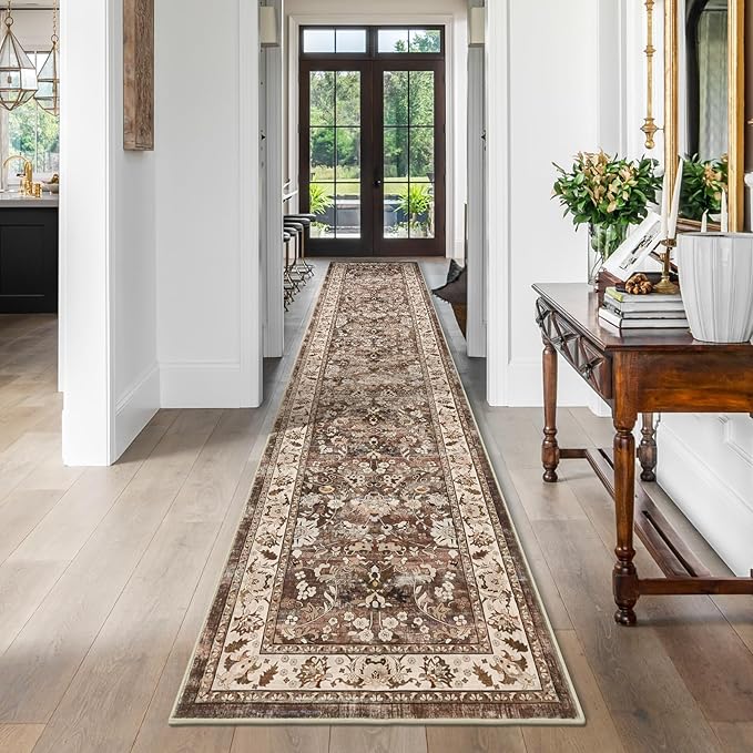 LOKHOM Washable Runner Rug, 2x10 Non-Slip Vintage Farmhouse Hallway Runner Rug with Rubber Backing, Boho Soft Faux Wool Kitchen Rug Carpet for Kitchen Laundry Entryway Bedroom (Dark Brown)