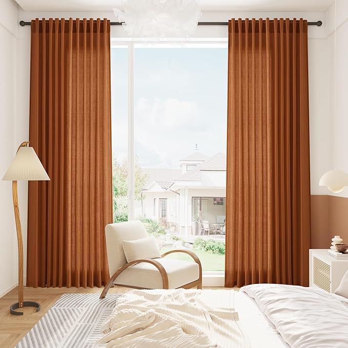 Nanspring Desert Orange Linen Curtains 90 Inch for Living Room Rod Pocket Back Tab Window Drapes Light Filtering Modern Farmhouse Curtain 90 Inches Long for Bedroom 52x90,2 Panels
