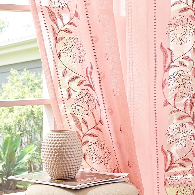 jinchan Winslow Sheer Curtains 96 Inch for Bedroom Living Room Embroidered Bordered Floral Nursery Curtains for Girls Room Light Filtering, 2 Panels, 50W x 96L