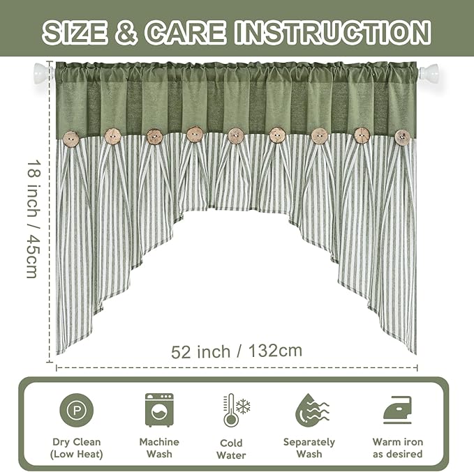 ASPMIZ Farmhouse Cotton Linen Swag Valances for Windows, Boho Kitchen Curtains Valances with Rustic Buttons, Green Striped Window Treatments Curtain Valance for Bathroom Cafe, 61 x 36 Inch, 1 Panel