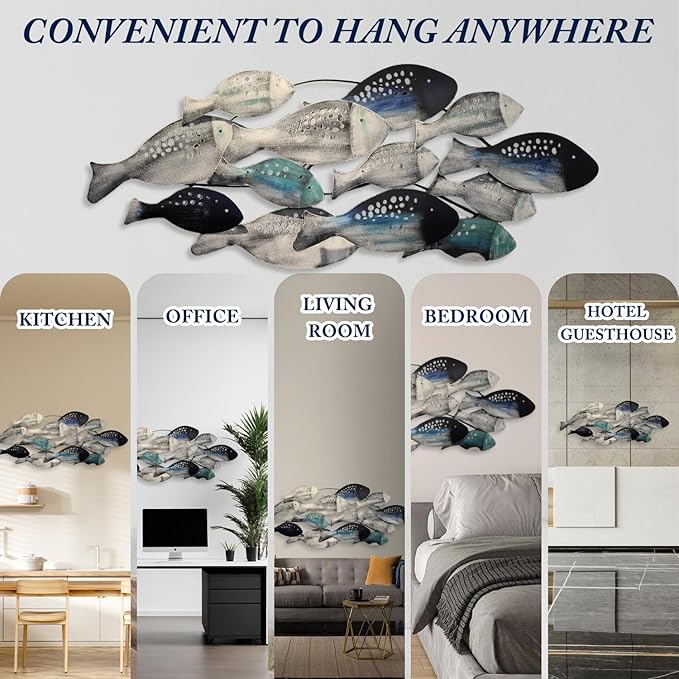 FMXYMC Coastal Ocean Metal 3D Fish Wall Sculpture, 50" x 20", Hand Painted Hanging Decoration for Living Room/Bedroom/Dining Room