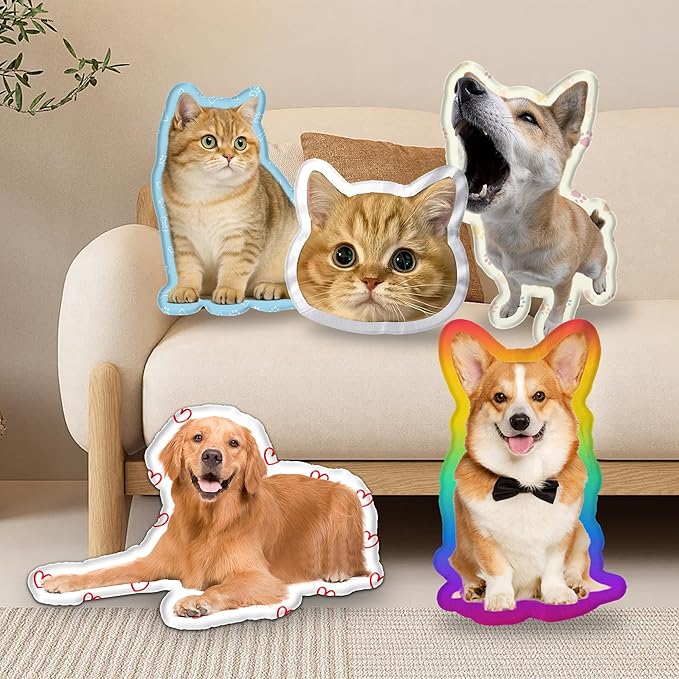 Custom Pet Pillow with Picture, Personalized Photo Dog Cat Face Shaped Pillow, Customized Stuffed Animal Picture Pillows, Double-Sided Print Pillow for Home Sofa Decor Pet Memorial Gifts for Dogs