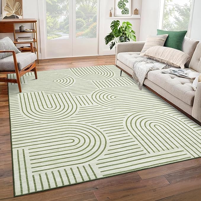 ROYHOME Washable Rug 6x9 Area Rugs for Living Room, Abstract Rug for Bedroom, Soft Rainbow Non Slip Throw Rugs with Rubber Back, Low Pile Stain Resistant Boho Geometric Carpet for Dining Room, Green