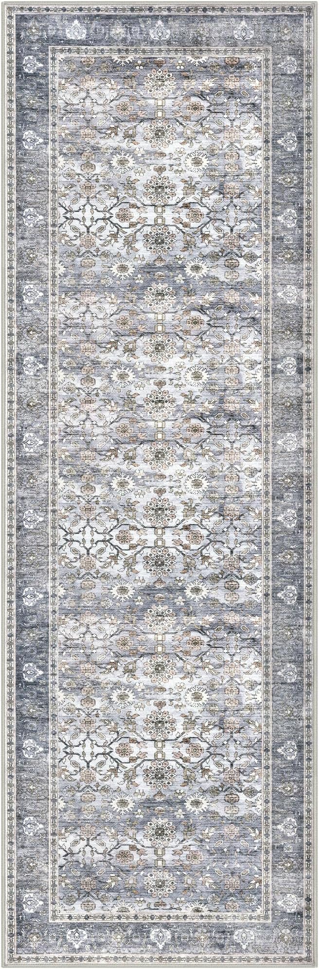 KUTA Vintage Washable Runner Rug, 2.6x8 Grey Blue Runners for Hallways Non-Slip Kitchen Rugs Ultra Thin Soft Printed Distressed Oriental Floral Floor Carpet for Laundry Bedroom Living Room Nursery