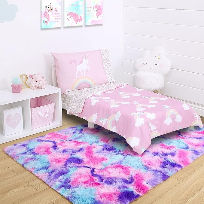 Noahas 5x8 Fluffy Rainbow Rug for Girls Bedroom,Soft Hot Pink and Purple Tie-Dyed Kids Room Rug,Shaggy Area Rugs for Living Room,Fuzzy Colorful Playroom Nursery Rugs Room Decor