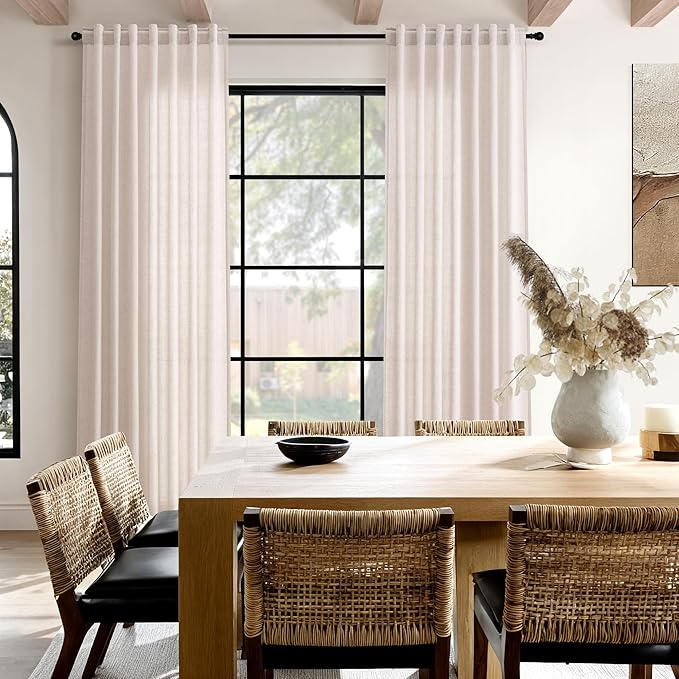 Nanspring Natural White Linen Curtains 90 Inches Long for Living Room Light Filtering Semi Sheer Neutral Farmhouse Decor Curtains Back Tab Privacy Burlap Textured Curtain for Bedroom 52x90, 2 Panels
