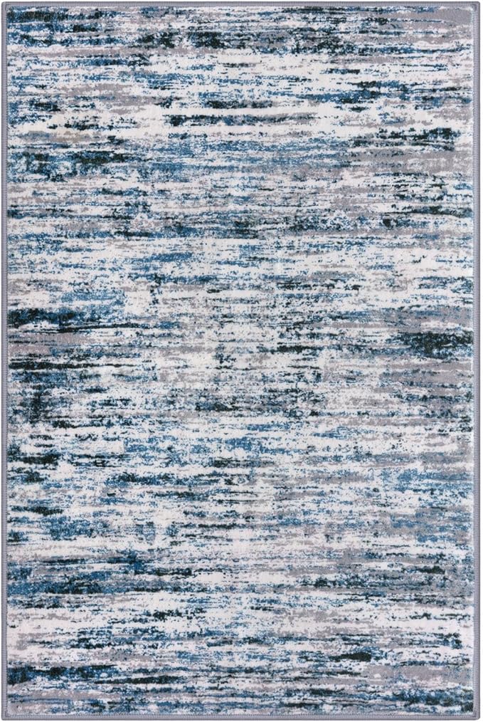 Lansny Modern Abstract 4x6 Living Room Washable Rug Non-Slip Soft Bedroom Area Rug Grey Blue White Thin Print Faux Wool Floor Carpet Throw Rugs for Nursery Playroom Dining Room Indoor Home Decor