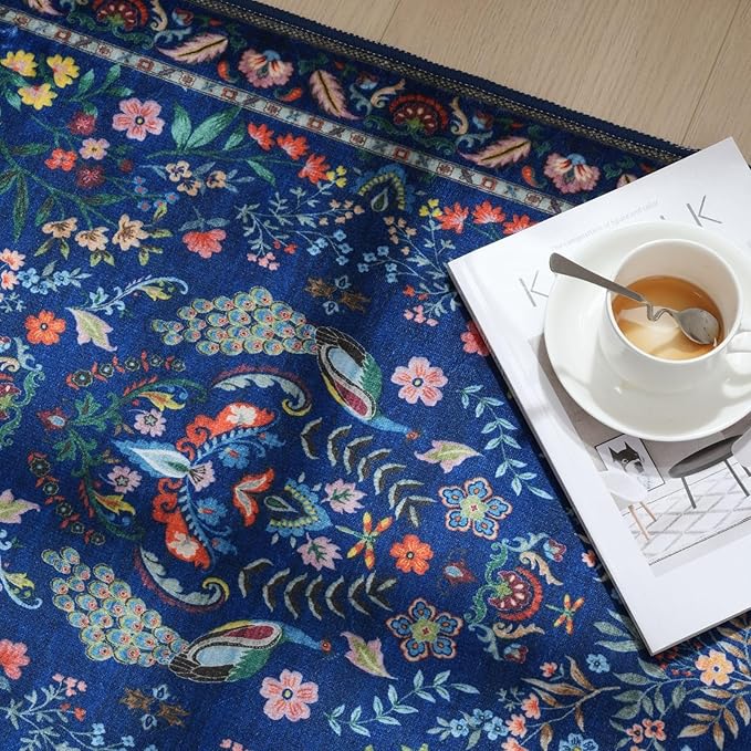 Rugcomf 2'7"x12' Kitchen Runner - Floral Washable Long Hallway Runner Rug Non Slip, Boho Carpet for Entryway, Hall, Bathroom - Blue