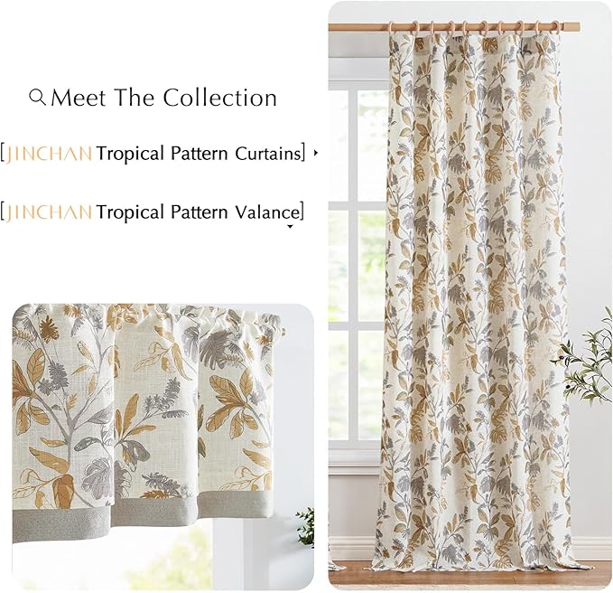 jinchan Linen Valance Double Layer Kitchen Window Curtain Yellow Leaf on Beige Valance for Living Room Cafe Farmhouse Light Filtering Rustic French Country Curtain 16 Inch Rod Pocket 1 Panel