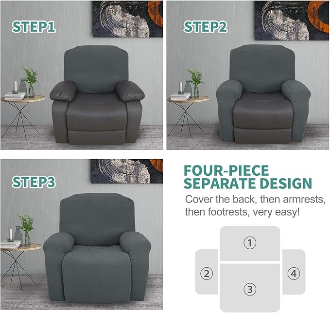 YEMYHOM 4 Pieces Stretch Recliner Slipcover Latest Jacquard Recliner Chair Cover with Side Pocket Anti-Slip Fitted Recliner Cover Couch Furniture Protector with Elastic Bottom (Recliner, Dark Gray)