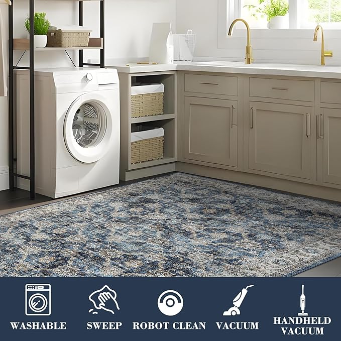GarveeHome Extra Large Area Rug 10x13 Washable Bedroom Rug Non Slip Foldable Vintage Floral Print Throw Rug Thin Ultra Soft Distressed Carpet for Living Room Home Nursery, Blue