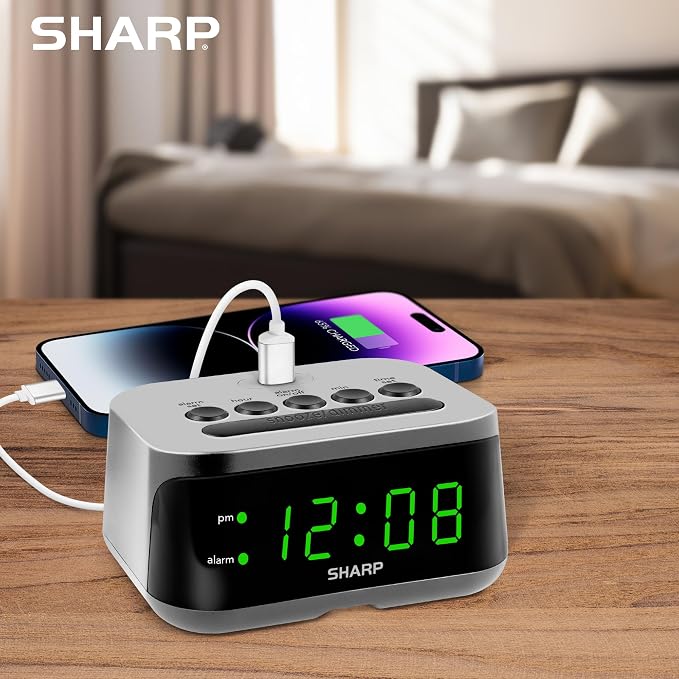 Sharp Digital Alarm Clock with Super Fast USB-C Charge Port & Green LED Display - Image 5