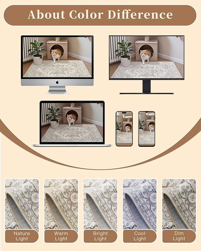 Madane Washable Area Rug 2x4, Small Entryway Rug Non-Slip Vintage Door Mat Indoor Entrance, Low Pile Floor Carpet Runner for Inside Front Door Kitchen Entry Laundry, Beige/Brown