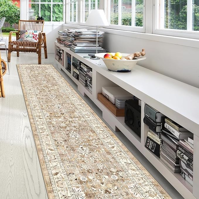 LOKHOM Washable Runner Rug, 2x10 Non-Slip Boho Hallway Rug with Rubber Backing, Vintage Soft Stain Resistant Distressed Kitchen Runner Rug for Kitchen Laundry Entryway Bedroom (Beige Brown)