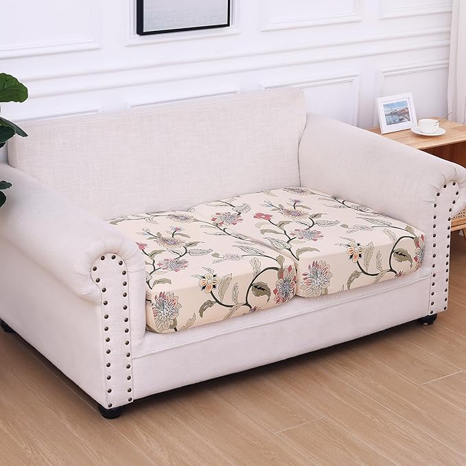 hyha Printed Couch Cushion Covers, Floral Sofa Covers Washable for 2 Cushion Couch, Stretch Pattern Outdoor Cushion Covers for Patio Furniture with Elastic Bottom(2 Packs, Tropical Flowers)