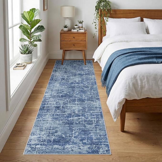 2x8 Washable Kitchen Runner Rug - Modern Abstract Neutral Carpet with Non-Slip Backing Low-Pile Stain-Resistant Thin Runners for Hallway Bathroom Bedroom Entryway (2x8, Blue)