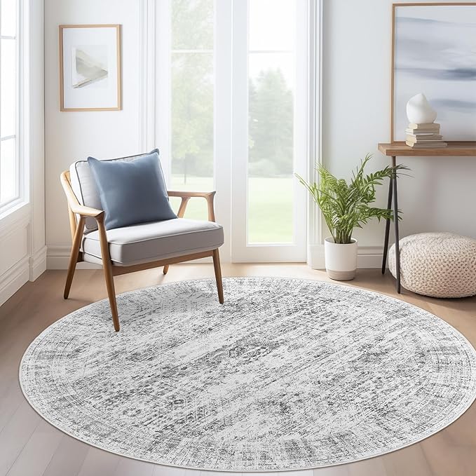 Soalmost 6x6 Grey Round Rug 6ft Living Room Circle Rug Gray Vintage Round Area Rug Non Slip Indoor Carpet for Dining Room Bedroom