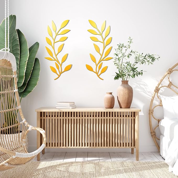 Zhengmy 2 Pieces Metal Tree Leaf Wall Decor Vine Olive Branch Leaf Wall Art Living Room, Hallway Wall Decor Outdoor Decoration(Gold)