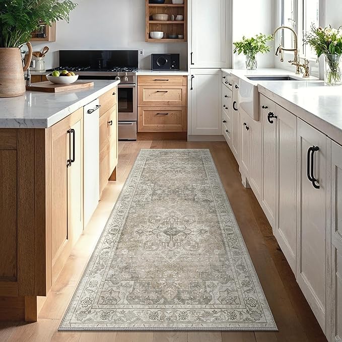 GENIMO Runner Rug for Hallways Machine Washable, 2x12 Non Slip Boho Vintage Lightweight Washable Runners, Thin Floor Rugs for Entryway Hallway Bathroom Laundry Room Corridor, Khaki Taupe