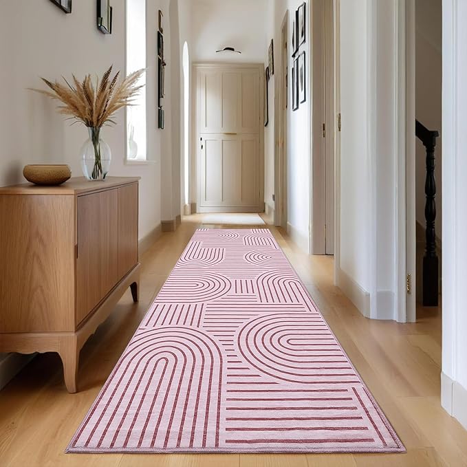 ROYHOME Modern Rug 2x6 Runners for Hallways, Abstract Kitchen Runner Rugs Non Slip Bath Runner, Rainbow Washable Runners Rug for Bedroom, Soft Long Rugs for Entryway Bathroom Laundry Dorm, Pink
