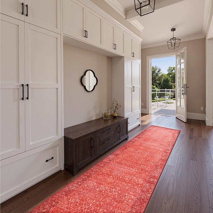 Hedlive Red Runners for Hallways,2.6x10 Washable Kitchen Rug Non Slip, Soft Low Pile Long Runner Rug for Hall Bedroom, Ultra-Thin Floor Carpet for Entryway Party Holiday Decor(2'6"x10', Red)