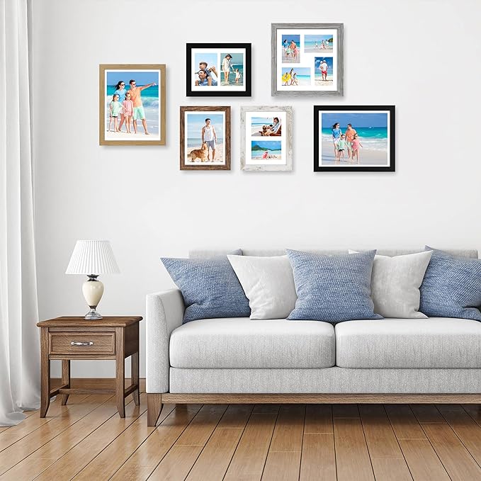 12x12 Picture Frame Set of 2, Grey Wood Frame with Glass Collage Frame, Display Pictures 4-4x6 With Mat or 12 x 12 Without Mat, Square Photo Frames Collage for Wall Hanging or Tabletop