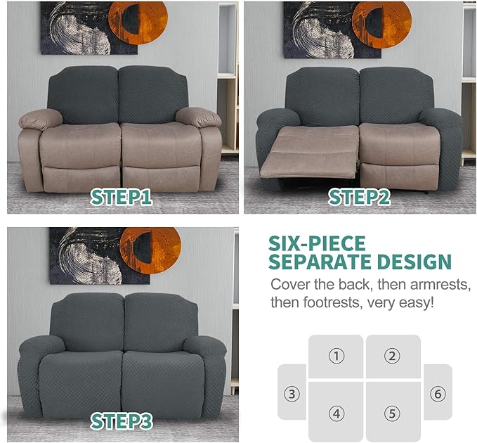 YEMYHOM 6 Pieces Stretch Loveseat Recliner Slipcover Jacquard Recliner Sofa Cover with Side Pocket Fitted Recliner Cover Couch Furniture Protector with Elastic Bottom (Loveseat Recliner, Dark Gray)