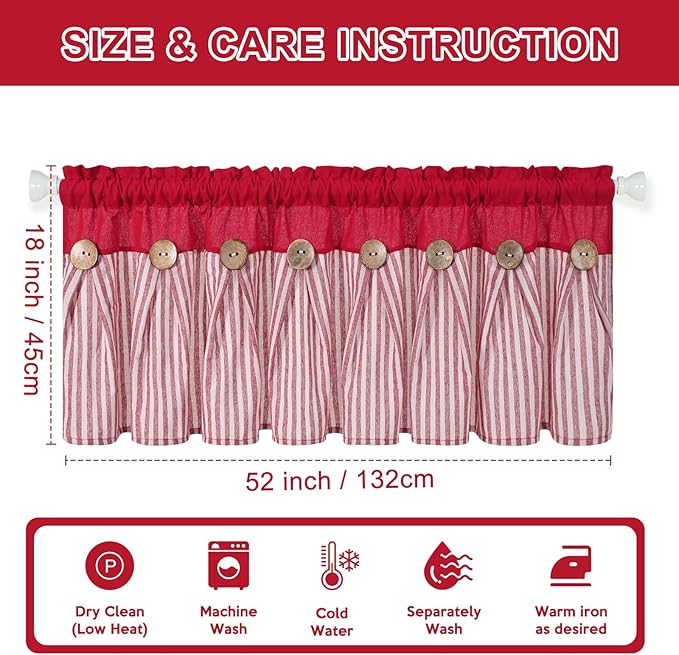 ASPMIZ Farmhouse Cotton Linen Valances for Windows, Boho Kitchen Curtains Valances with Rustic Button, Red Striped Window Treatments Curtain Valance for Bathroom Cafe, 52 x 18 Inch, 1 Pannel