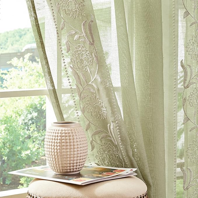jinchan Winslow Sheer Curtains 96 Inch for Bedroom Living Room Embroidered Bordered Floral Nursery Curtains for Playroom Light Filtering, Ivory on Sage, 2 Panels, 50W x 96L