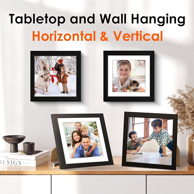 FIXSMITH 8x8 Picture Frames Set of 2, Photo Frame with HD Plexiglass, Display Pictures 6x6 with Mat or 8x8 Without Mat Multi Picture Frames Collage for Tabletop or Wall Display, Black