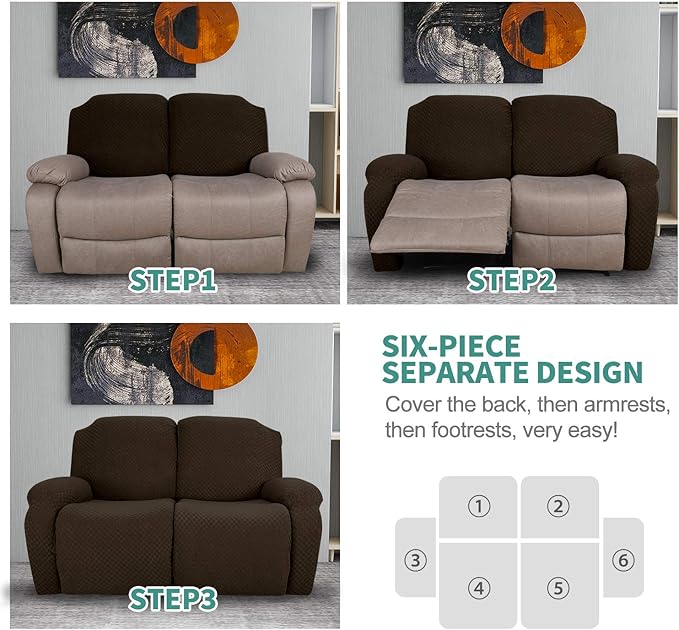 YEMYHOM 6 Pieces Stretch Loveseat Recliner Slipcover Jacquard Recliner Sofa Cover with Side Pocket Fitted Recliner Cover Couch Furniture Protector with Elastic Bottom (Loveseat Recliner, Dark Coffee)