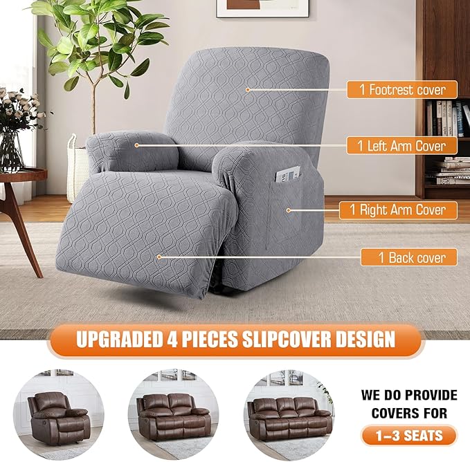 VANSOFY Oversized Recliner Chair Cover,4Pieces Stretch Recliner Covers for Recliner Chair Soft Reclining Chair Slipcover with polyester & spandex material,Furniture Protector for Dogs Cats(Light Gray)