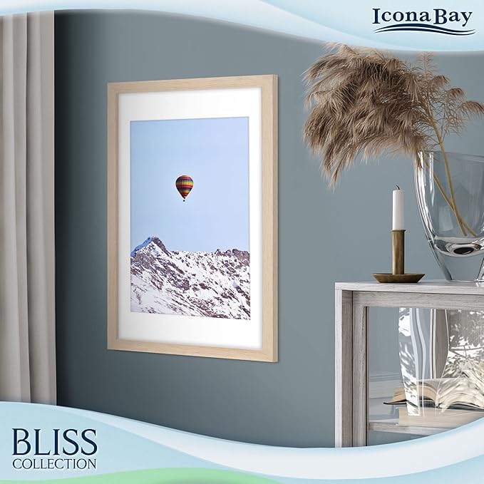 Icona Bay - 12x16 Light Oak Picture Frame Fits 11x15 Photos with Mat to 9x12 Image - Modern Style Engineered Wood Poster Frame - Wall Mount Only - Bliss Collection
