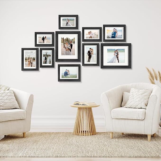 Picture Frames, Made of Real Glass and Wooden Frame, Gallery Photo Frames Set of 10 for Collage Wall Decor, Multi Sizes Including 8x10, 5x7, 4x6 for Mounting or Tabletop Display, Black