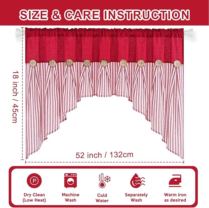 ASPMIZ Farmhouse Cotton Linen Swag Valances for Windows, Boho Kitchen Curtains Valances with Rustic Buttons, Red Striped Window Treatments Curtain Valance for Bathroom Cafe, 61 x 36 Inch, 1 Panel