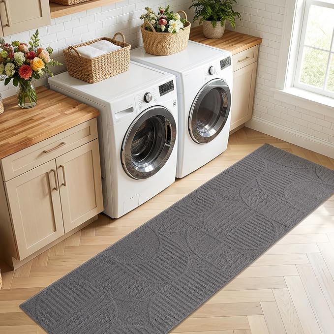 Findosom Washable Runner Rug 2x6, Geometric High-Low Textured Non Slip Hallway Runner Rug with Rubber Backing, Boho Carpet Runner for Kitchen, Bedroom, Laundry, Entryway, Bathroom, Gray