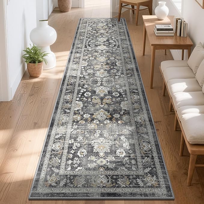 LOKHOM Washable Runner Rug, 2x8 Non-Slip Vintage Hallway Runner Rug with Rubber Backing, Boho Floral Soft Faux Wool Kitchen Rug Carpet Runner for Laundry Entryway Bedroom (Charcoal Grey)