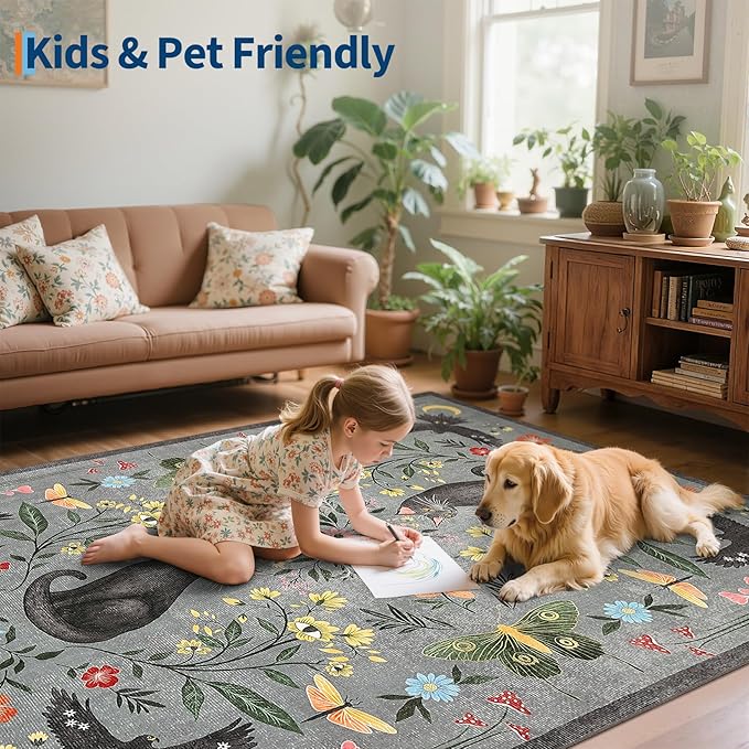 GarveeHome 5x7 Cat Area Rug Grey Washable Rugs for Living Room Bedroom, Soft Mushroom Floral Low Pile Non Slip Floor Mat Animal Print Throw Rug Indoor Carpet for Dorm Playroom Gothic Decor