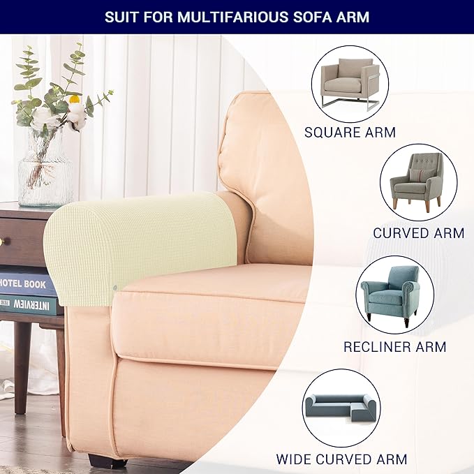 SUBRTEX Stretch Couch Arm Covers Set of 2, Checkered Sofa Arm Slipcovers, Anti-Slip Armrest Covers for Recliner and Armchairs, Pet Proof, High Stretchy, Hook & Loop Tape, Ivory