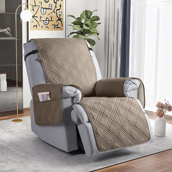 TAOCOCO 100% Waterproof Recliner Chair Cover, Non Slip Recliner Covers for Recliner Chair with Pocket, Washable Reclining Chair Cover Furniture Protector for Kids,Dogs(23.6'', Gray Taupe)