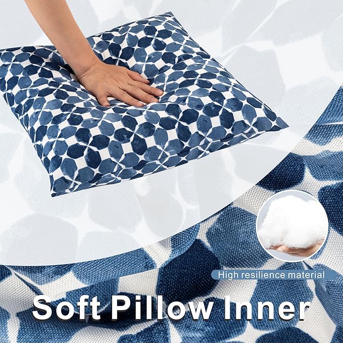 JMGBird Waterproof Outdoor Pillows Set of 2, 18x18 inch Weather Resistant White with Diamond Blue Petal Pattern Throw Pillows with Inserts for Patio Furniture